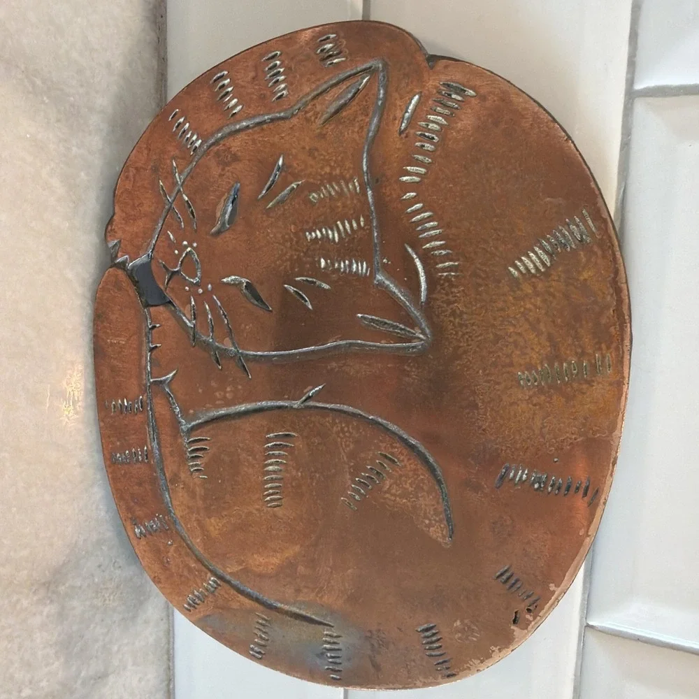 Vintage Copper Cat Trivet 8in Oval Mid Century Kitchen Decor OLA003